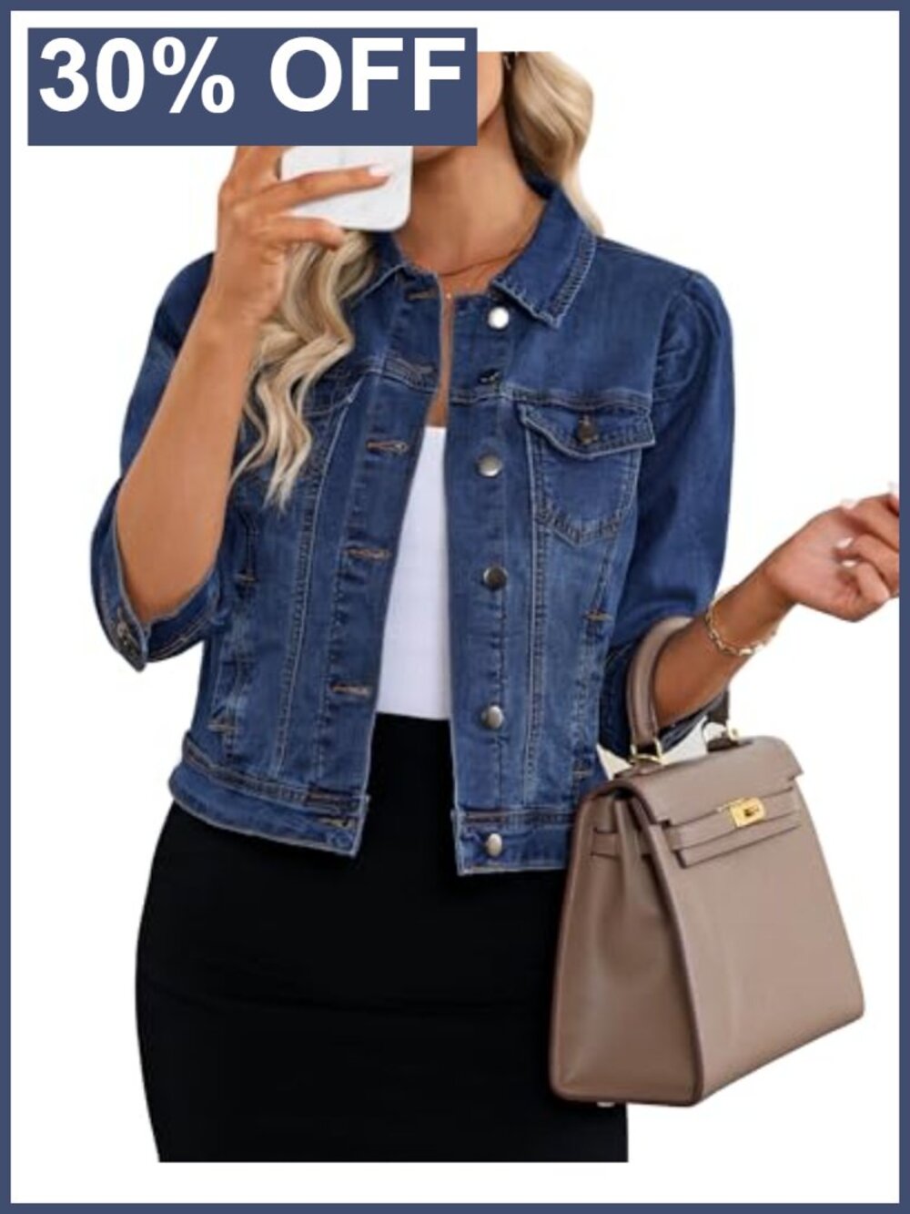 Cropped Stretchy Denim Jacket Puff Sleeve Distressed Shacket with Pockets
